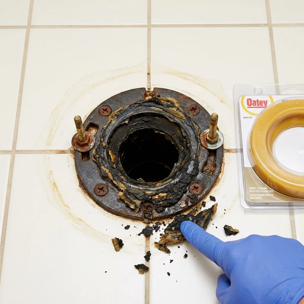 Failed wax ring showing water seepage at the base of a toilet in a Wellington, CO home