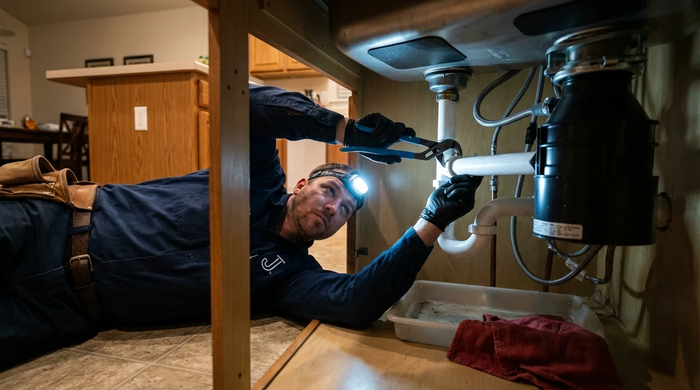 P-trap and supply line connections under a kitchen sink showing a common leak point in Wellington, CO